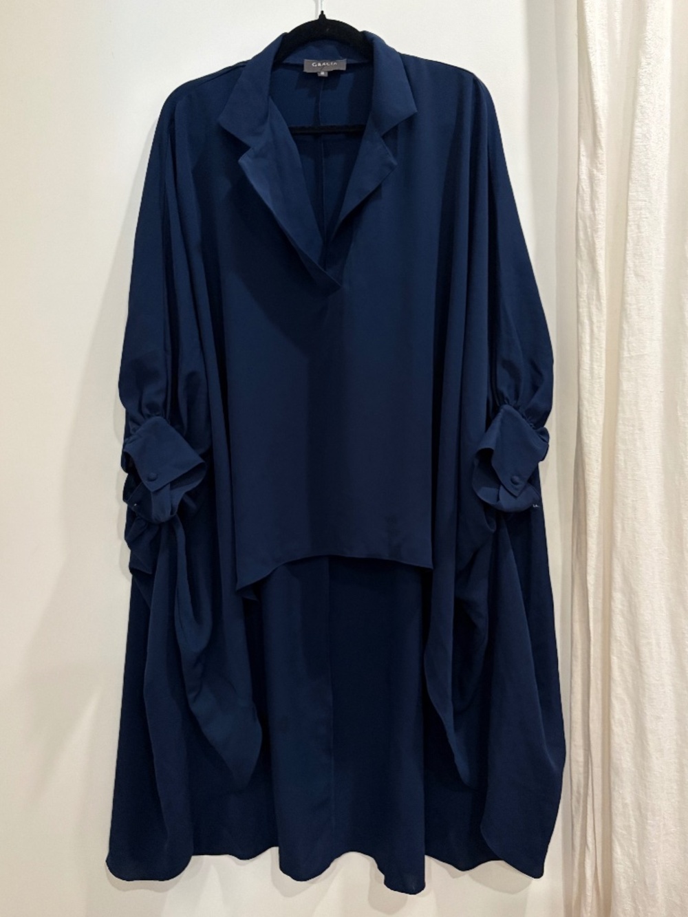 Gracia Navy High-Low Draped Blouse (Size M)